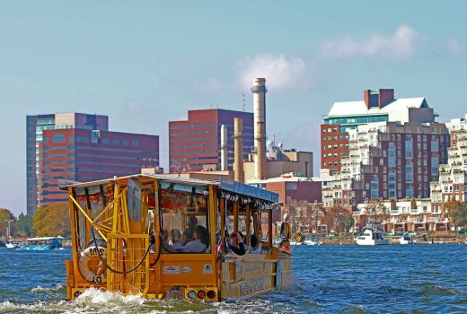 Duck Tour. We took a duck tour which takes you all over Boston on land and water in a W.W.II style amphibious landing vehicle. You hear all about the history and landmarks, the golden-domed State House, Bunker Hill and the TD Banknorth Garden, Boston Common and Copley Square to the Big Dig, Government Center to fashionable Newbury Street, Quincy Market to the Prudential Tower. You then take to the water and finish on the Charles river with stunning views of the Boston and Cambridge Skylines.